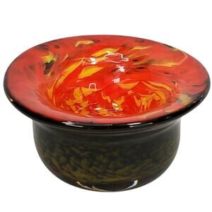 Beautiful Art Glass Spatter Pattern 4.5" Bowl Red Yellow Red Green Swirls